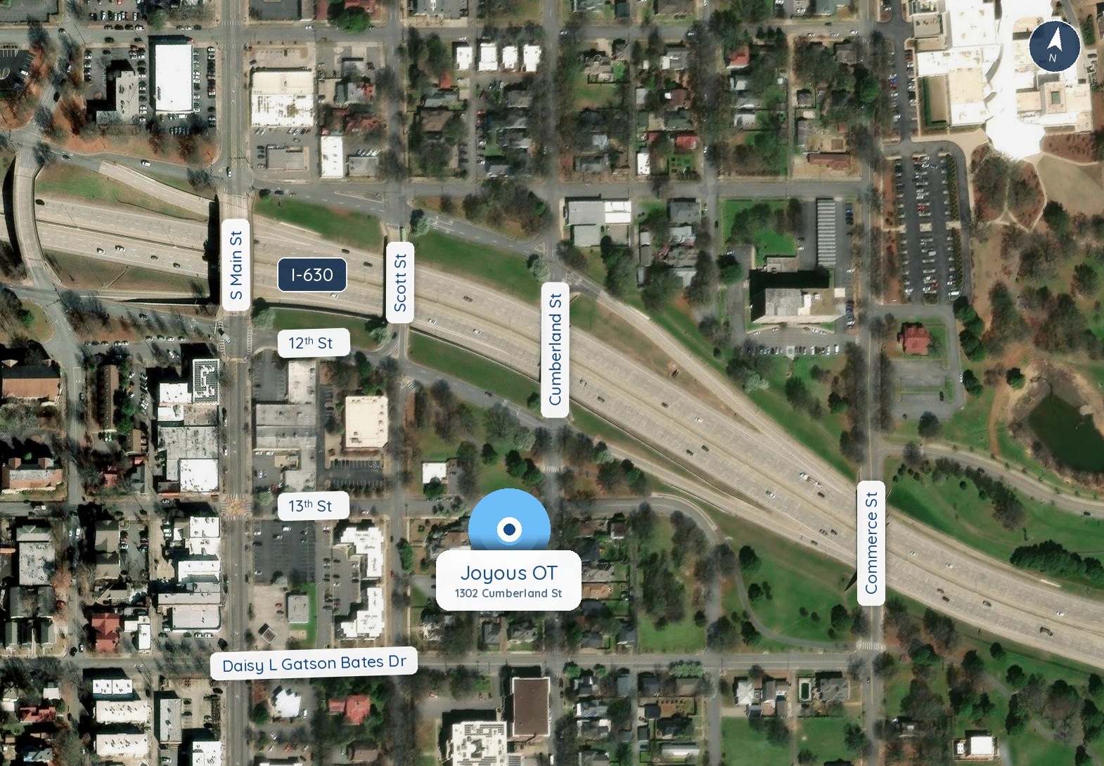 Satellite map of downtown Little Rock showing Joyous OT at 1302 Cumberland Street, one block south of Interstate 630 between 13th Street and Daisy L Gatson Bates Drive.